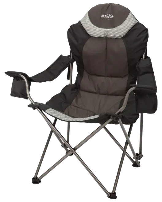 Vadderad hopfällbar campingstol med armstöd, mugghållare och robust metallram. Hög rygg och ventilerande meshpaneler för komfort. Lätt att transportera utomhus.