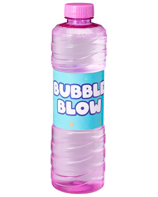 Klar plastflaske med lyserødt låg, fyldt med boblevæske. Blåt mærkat med teksten 'Bubble Blow' i hvide bogstaver. Perfekt til genopfyldning af sæbeboblepinde eller maskiner.