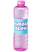 Klar plastflaske med lyserødt låg, fyldt med boblevæske. Blåt mærkat med teksten 'Bubble Blow' i hvide bogstaver. Perfekt til genopfyldning af sæbeboblepinde eller maskiner.