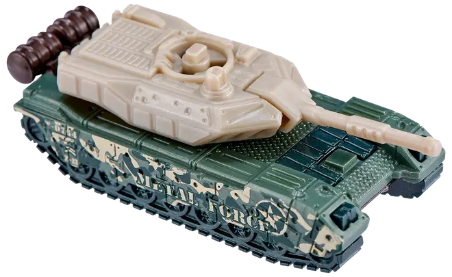 Plastleksakstank med grön kamouflagebas, beige roterande torn och lång kanon. Detaljerade larvband och "Metal Force"-text på sidan. Passar för barnlek.