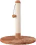 Kattekradsetræ med beige sisal-indpakket lodret stolpe, brun plysbase og top samt hængende plysbold. Perfekt til indendørs leg og kradsning for katte.