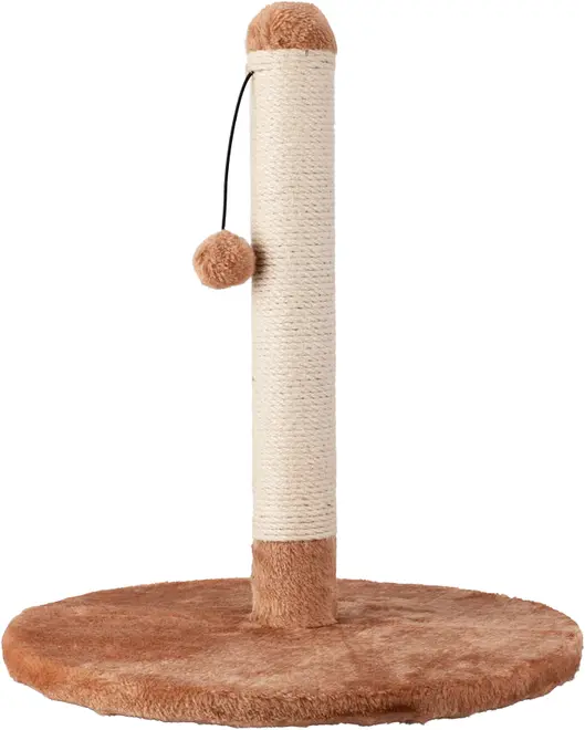 Kattekradsetræ med beige sisal-indpakket lodret stolpe, brun plysbase og top samt hængende plysbold. Perfekt til indendørs leg og kradsning for katte.