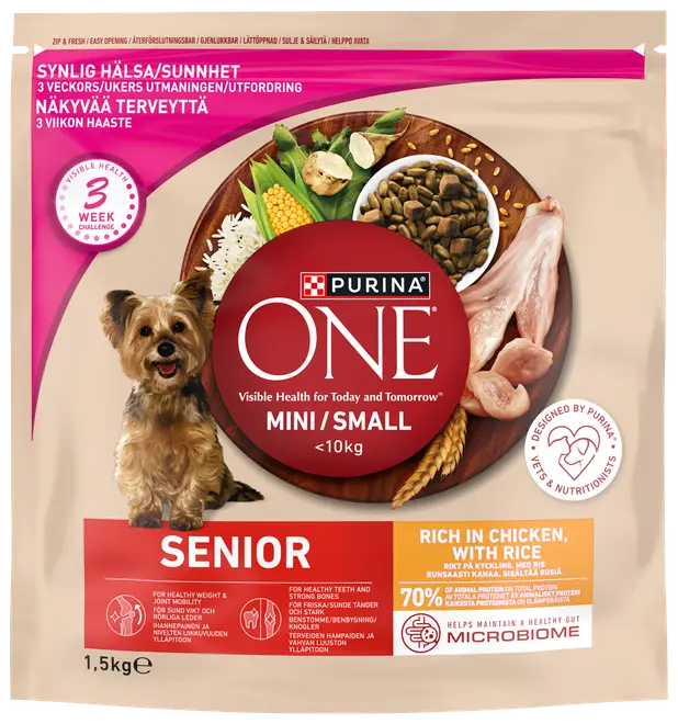 Purina ONE Mini/Small Senior hundefoder, 1,5 kg pose, til hunde under 10 kg. Rig på kylling og ris, støtter sund vægt, tænder og fordøjelse. Til ældre små racer.