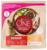 Purina ONE Mini/Small Senior hundefoder, 1,5 kg pose, til hunde under 10 kg. Rig på kylling og ris, støtter sund vægt, tænder og fordøjelse. Til ældre små racer.