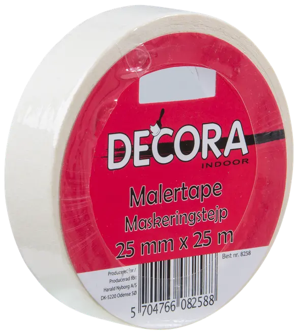 Rulle Decora indendørs malertape, 25 mm bred og 25 meter lang, hvid farve, egnet til maler- og afdækningsopgaver. Leveres med rød etiket og stregkode.