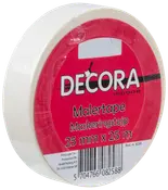 Rulle Decora indendørs malertape, 25 mm bred og 25 meter lang, hvid farve, egnet til maler- og afdækningsopgaver. Leveres med rød etiket og stregkode.