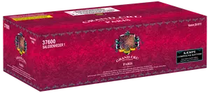 Stor rektangulær rød æske mærket 'Grand Cru Paris' med dekorative grafikker og tekst, indeholdende et compound batterifyrværkeri med 144 skud. Produkt- og sikkerhedsoplysninger påtrykt emballagen.