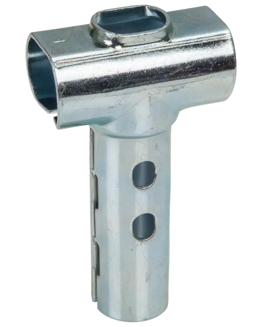 T-formet metalforbinder med rund lodret rør og rektangulær vandret åbning, to cirkulære huller til fastgørelse, bruges til samling af rør eller rør i konstruktion.