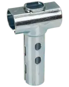 T-formad metallkoppling med runt vertikalt rör och rektangulär horisontell öppning, två runda hål för fastsättning, används för att sammanfoga rör eller stänger.