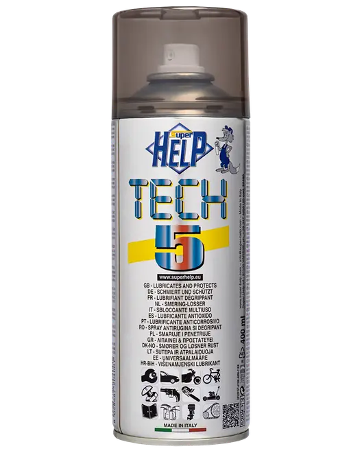 Super Help Tech 5 universal aerosolspray med gennemsigtig hætte og hvid etiket, til smøring, beskyttelse, rustløsning og frigørelse af dele.