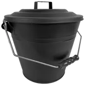 Svart metallhink med passande lock och robust metallhandtag med plastgrepp, avsedd för aska eller material. Hållbar konstruktion för hemmet eller utomhusbruk.