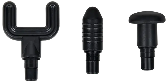 Sæt med tre sorte massagepistol-tilbehør: gaffelformet, kugleformet og fladt rundt hoved, designet til forskellige muskelgrupper og alsidig massage.