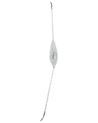 Slank sølvfarvet fiskelokke med dråbeformet krop, lang monofilamentline og kroge i begge ender, mærket Kinetic.
