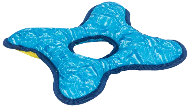 Slitstark blå hundleksak med tre rundade armar, texturerad yta, förstärkta kanter och hål i mitten. Tillverkad av tåligt material för tugg och lek.