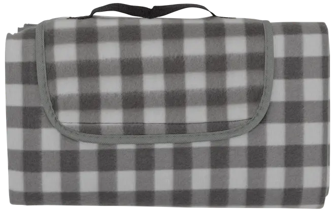 Hopvikt picknickfilt med svartvitt rutmönster, mjukt fleecematerial, grå kant och bärhandtag. Kompakt och lätt att ta med utomhus.