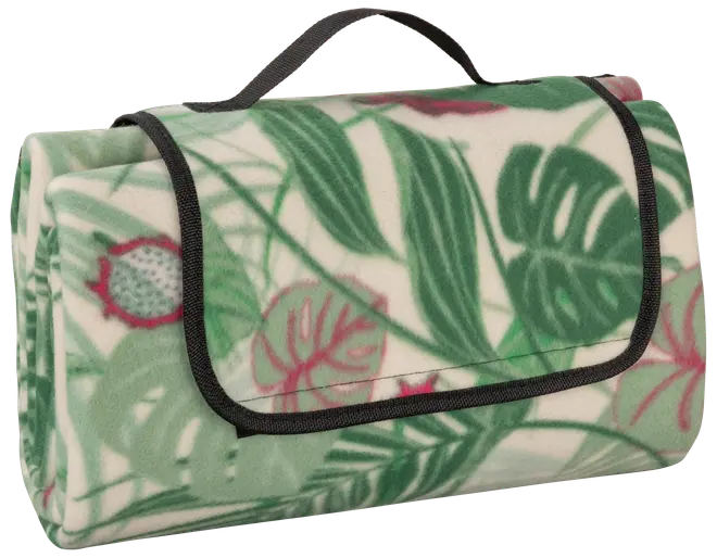 Sammenfoldeligt picnictæppe med grønt og rødt tropisk bladmønster, blødt fleece-materiale, sort kant og bærehank. Kompakt design til nem transport og udendørs brug.