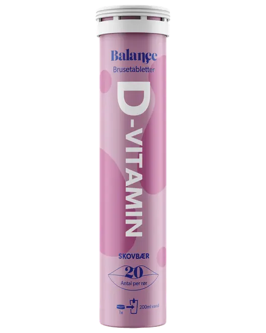 Lyserød tube med Balance D-vitamin brusetabletter, skovbærsmag, 20 tabletter, cylindrisk emballage med hvidt låg.