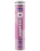 Lyserød tube med Balance D-vitamin brusetabletter, skovbærsmag, 20 tabletter, cylindrisk emballage med hvidt låg.