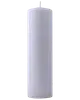 Hvid bloklys med glat, cylindrisk form, flad bund og enkelt, centreret væge. Uparfumeret, velegnet til dekoration eller stemningsbelysning i hjemmet eller til begivenheder.