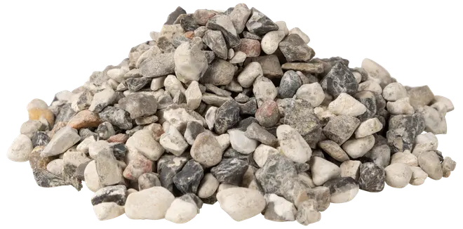 En bun små, blandede dekorative grussten i grå, hvide og sorte nuancer. Uregelmæssige former, størrelser 1-3 cm. Velegnet til haveanlæg, stier eller akvarier.
