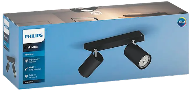 Philips myLiving sort LED-spotlampe med to justerbare lamper vist på blå emballage med loftmontering.