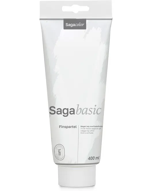 Saga Basic Finsparkel i 400 ml tube, hvid emballage med grå tekst, velegnet til fin overfladefinish på vægge og lofter, praktisk klemtube.