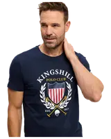 Mörkblå kortärmad t-shirt med "Kingshill Polo Club" emblem, sköld, lagerkrans, korsade poloklubbor och texten "EST. 1917" framtill.