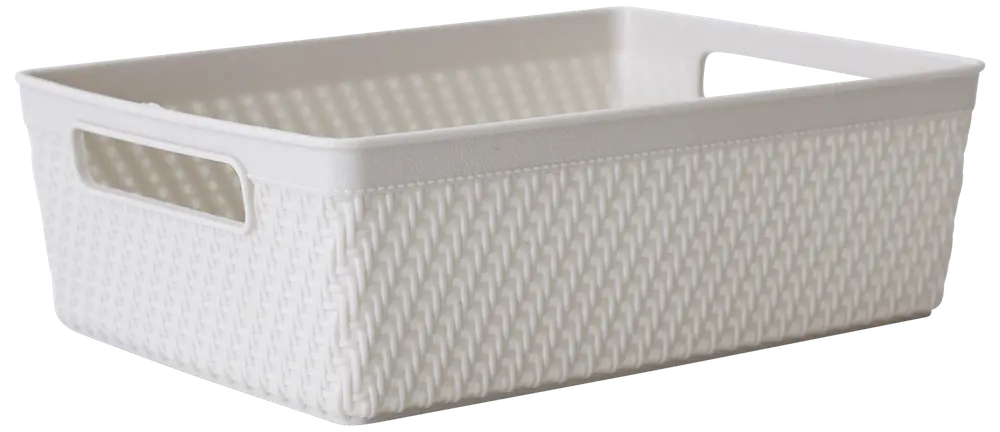 Rektangulär vit plastkorg med flätad struktur, öppen ovansida och inbyggda handtag på kortsidorna. Perfekt för förvaring och organisering.