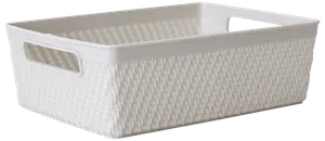 Rektangulär vit plastkorg med flätad struktur, öppen ovansida och inbyggda handtag på kortsidorna. Perfekt för förvaring och organisering.