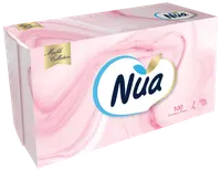 Ask med Nua Marble Collection näsdukar, 100 premium 3-lagers, silkeslena, i rektangulär ask med rosa marmormönster och guld- samt blå detaljer.