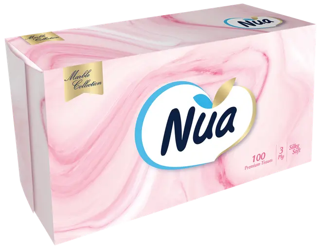 Æske med Nua Marble Collection lommetørklæder, 100 premium 3-lags, silkebløde, i en rektangulær æske med lyserødt marmormønster og guld- samt blå detaljer.