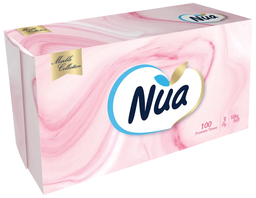 Ask med Nua Marble Collection näsdukar, 100 premium 3-lagers, silkeslena, i rektangulär ask med rosa marmormönster och guld- samt blå detaljer.