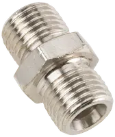 Metalrørsfitting med udvendige gevind i begge ender, sekskantet midte til tilspænding, sølvfinish, bruges til at forbinde to rør eller slanger sikkert i VVS eller industri.