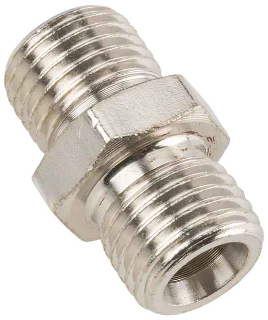 Metalrørsfitting med udvendige gevind i begge ender, sekskantet midte til tilspænding, sølvfinish, bruges til at forbinde to rør eller slanger sikkert i VVS eller industri.