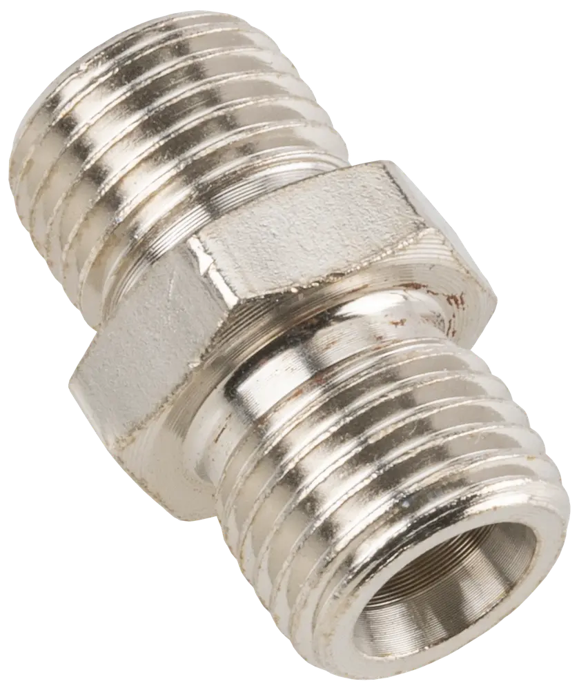 Metalrørsfitting med udvendige gevind i begge ender, sekskantet midte til tilspænding, sølvfinish, bruges til at forbinde to rør eller slanger sikkert i VVS eller industri.