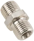 Metallrörskoppling med utvändig gänga i båda ändar, sexkantigt mittparti för åtdragning, silverfärgad, används för att säkert koppla ihop två rör eller slangar.