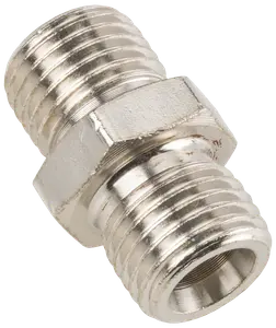 Metalrørsfitting med udvendige gevind i begge ender, sekskantet midte til tilspænding, sølvfinish, bruges til at forbinde to rør eller slanger sikkert i VVS eller industri.