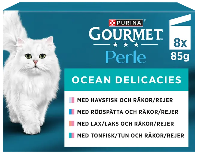 Förpackning med Purina Gourmet Perle Ocean Delicacies kattmat, 8 x 85g, olika smaker med fisk och räkor. Blå förpackning med vit katt på bilden.
