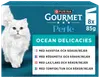 Purina Gourmet Perle Juicy Mini Fillets kattmat, 8 x 85g, blandade smaker: nötkött, kyckling, kanin, lax. Blå förpackning med vit katt.