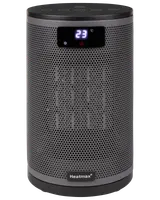 Kompakt cylindrisk elektrisk värmare med digital temperaturdisplay, svart gallerfront och touchkontroller upptill. Passar små rum, Heatmax-logotyp längst ner framtill.