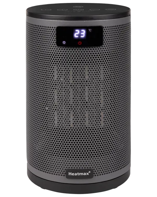 Kompakt elektrisk varmeblæser i cylinderform med digital temperaturvisning, sort gitterfront og touch-knapper på toppen. Velegnet til små rum, Heatmax-logo nederst foran.