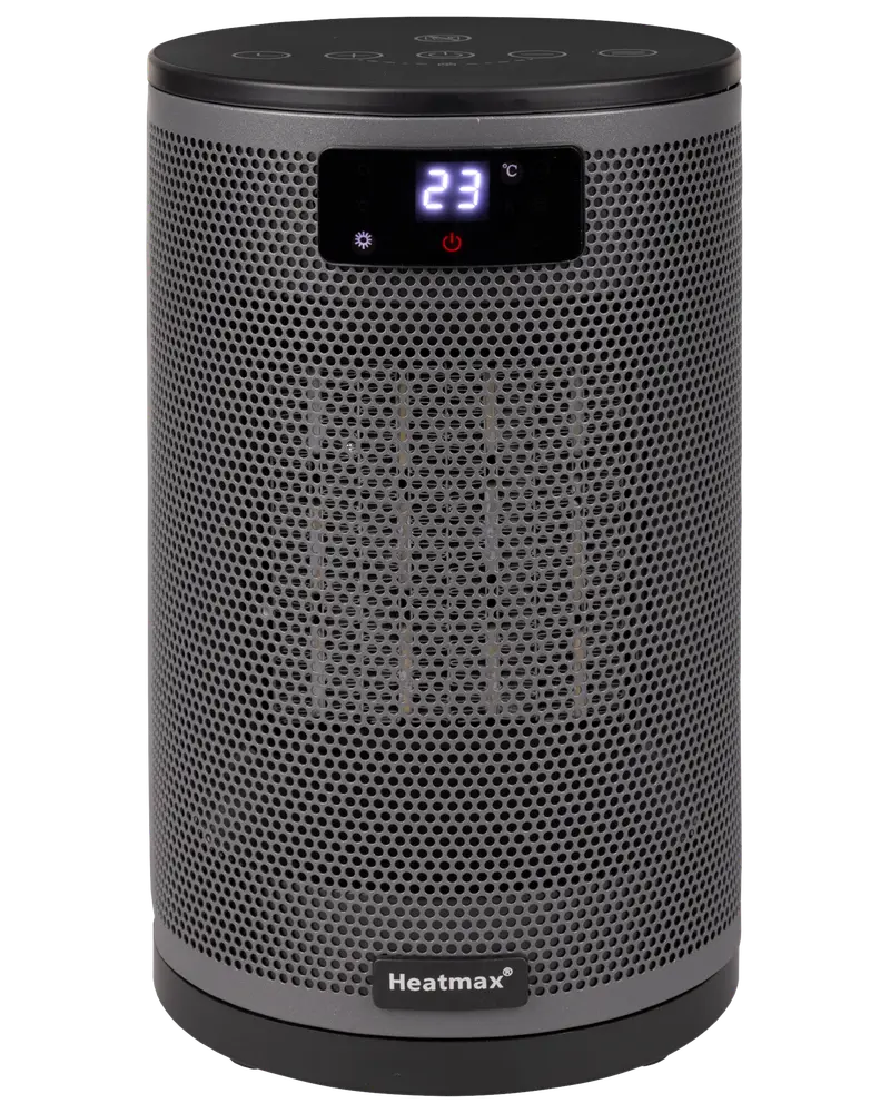 Kompakt cylindrisk elektrisk värmare med digital temperaturdisplay, svart gallerfront och touchkontroller upptill. Passar små rum, Heatmax-logotyp längst ner framtill.