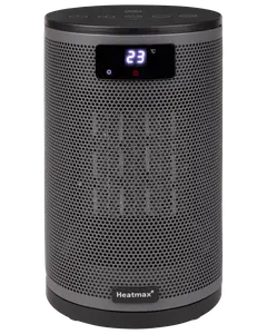 Kompakt cylindrisk elektrisk värmare med digital temperaturdisplay, svart gallerfront och touchkontroller upptill. Passar små rum, Heatmax-logotyp längst ner framtill.