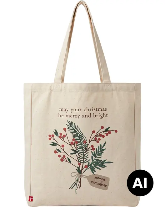Beige lærredstaske med lange hanke, festligt juleblomstermotiv og teksten “may your christmas be merry and bright”. - Billedet er skabt med AI