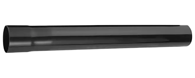 Långt svart cylindriskt metallrör med slät blank yta och öppna ändar.