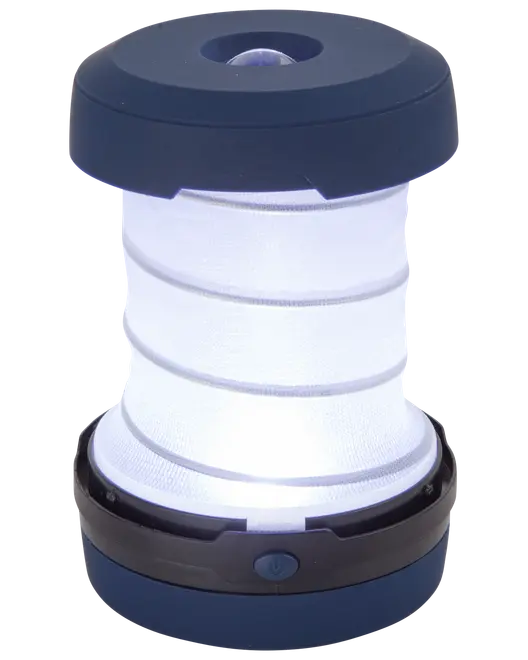 Sammenklappelig LED campinglanterne med blå og sort bund, hvidt stoflys og tænd/sluk-knap. Bærbart design, ideelt til udendørs brug, giver jævn og kraftig belysning.