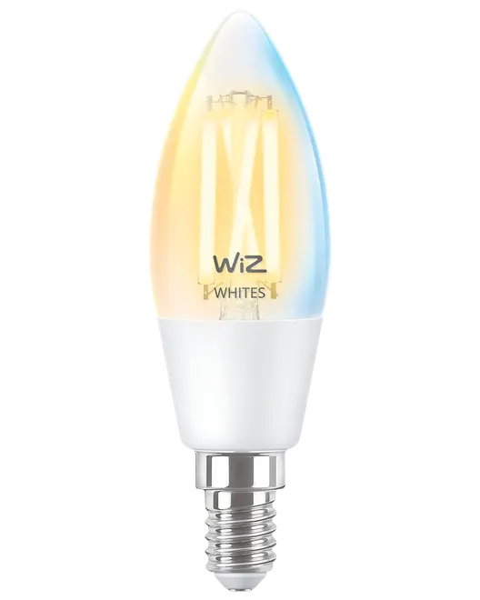 Klar LED-pære i stearinlysform med varm hvid filament, mat nederste del og E14 skruefatning, mærket WiZ Whites.