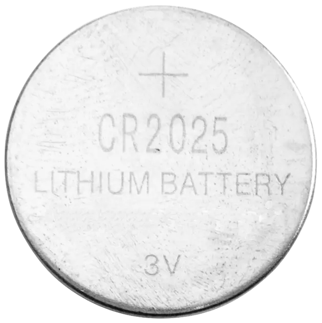 Rund sølvfarvet CR2025 lithiumbatteri, 3V, fladt knapcelle-design, ofte brugt i ure, lommeregnere og små elektroniske enheder. Pluspol og specifikationer er markeret.
