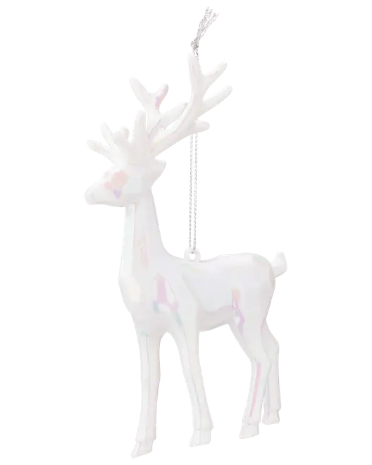 Blank hvid rensdyrpynt med iriserende finish, står på fire ben med detaljerede gevirer. Har ophængssnor til nem ophængning. Perfekt til juletræ eller dekoration.