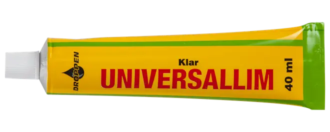 Tube med Droppen klar universallim, 40 ml. Gul emballage med rød tekst, hvid skruelåg. Velegnet til forskellige materialer og reparationer i hjemmet.